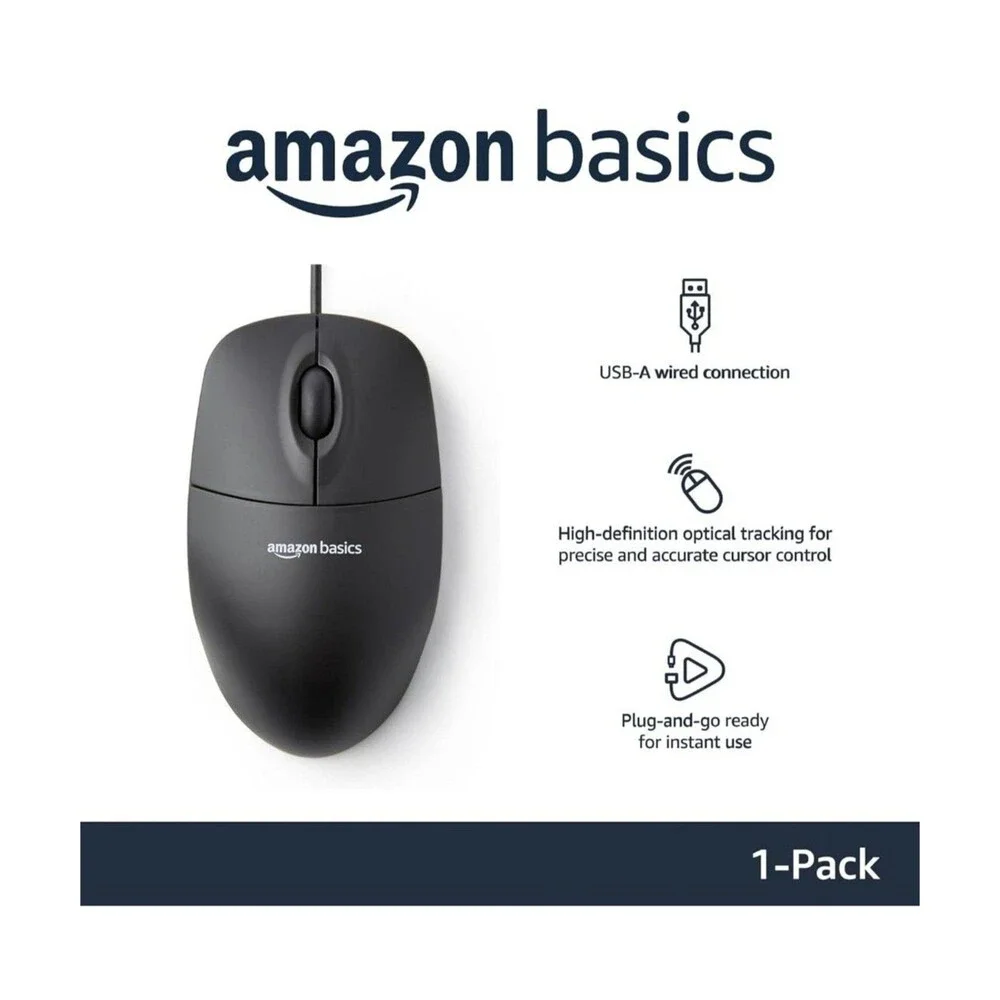 Amazon Basics 3-Button Wired USB Computer Mouse, Black